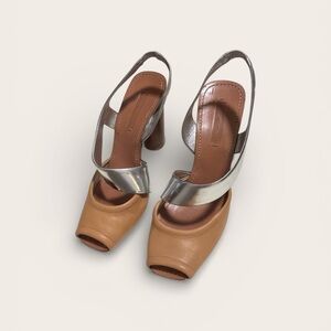 BCBG Maxazria women’s Stylish Silver and Tan Heels size 10